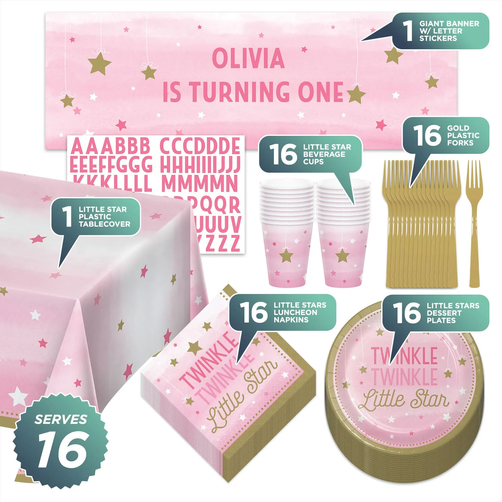 Twinkle Little Star Pink and Gold Paper Dessert Plates, Lunch Napkins, Cups, Forks, Table Cover, and Banner (Serves 16)